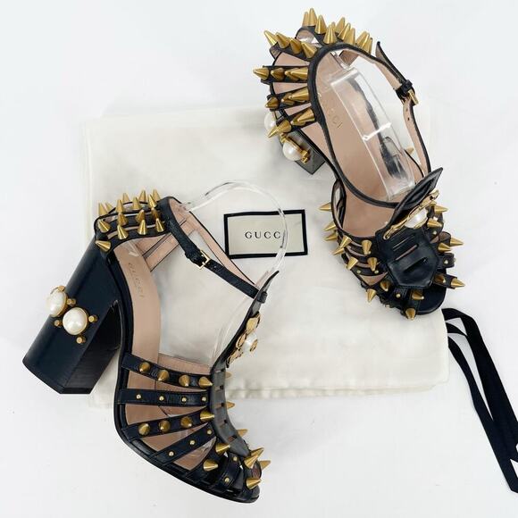 Gucci Black Leather Kendall Studded Pearl Embellished Cage Block Heels EU 39 - Picture 1 of 16